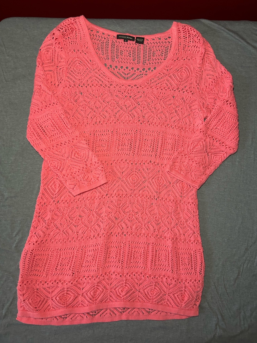 JEANNE PIERRE Coral Pink Open-Knit Scoop Neck Sweater